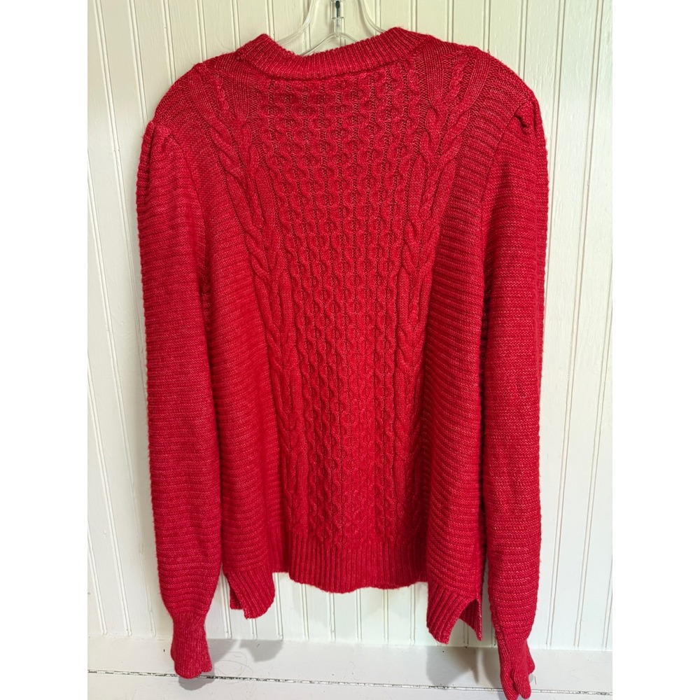 Crown & Ivy Women XXL Red Cable Knit Puff Sleeve Crew Neck Sweater Preppy Spring - Picture 7 of 8